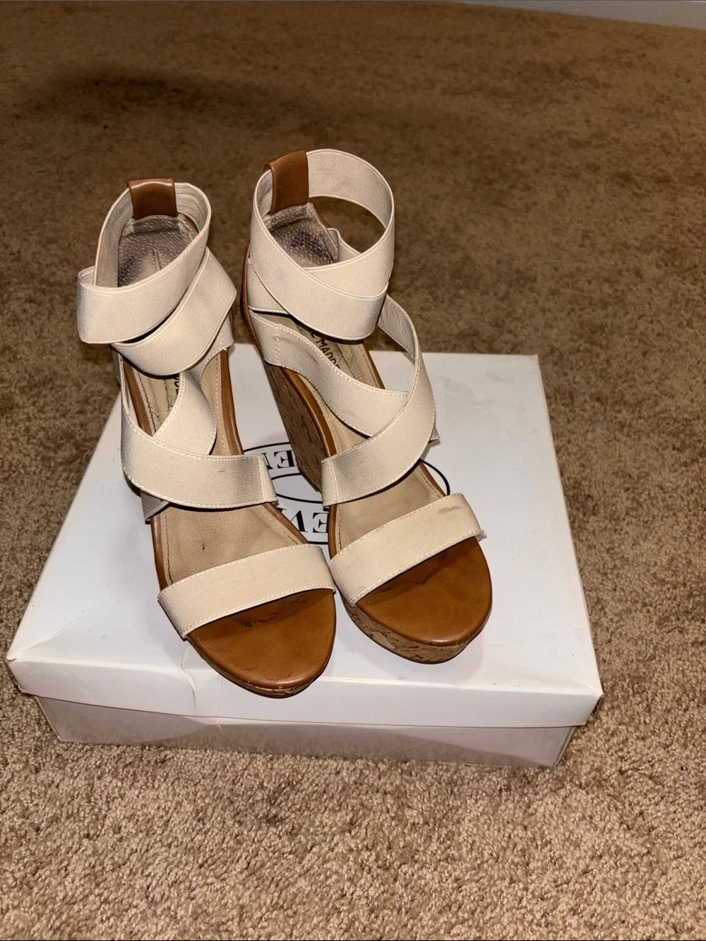 Steve Madden Beige Elastic Strappy Cork Wedges
